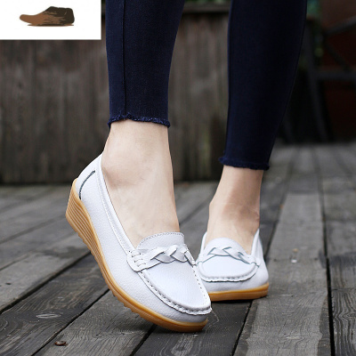 Ideamini时髦辣妈豆豆鞋女鞋皮单鞋防滑牛筋软底中跟坡跟妈妈工作小皮鞋休闲鞋