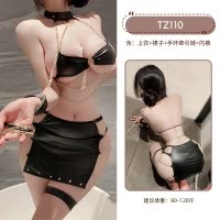 九里晴川TZ110情趣内衣牵引链仿皮分体套装铆钉哑光文胸金链元素 九里晴川TZ110[金属链套装] 均码