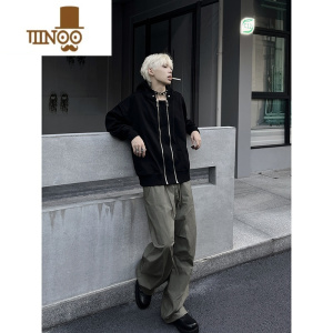 YANXU欧美高街vibe卫衣男小众设计感双拉链连帽开衫低领口潮牌美式外套