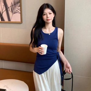 2025夏季新款穿搭橘色针织吊带背心女外穿不规则设计收腰绑带上衣