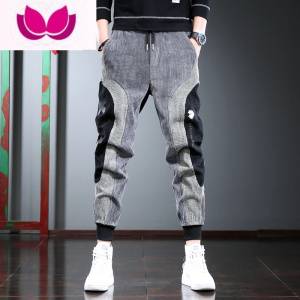 七斓春季灯芯绒裤子男宽松束脚休闲裤拼接韩版潮流男士哈伦裤嘻哈潮牌