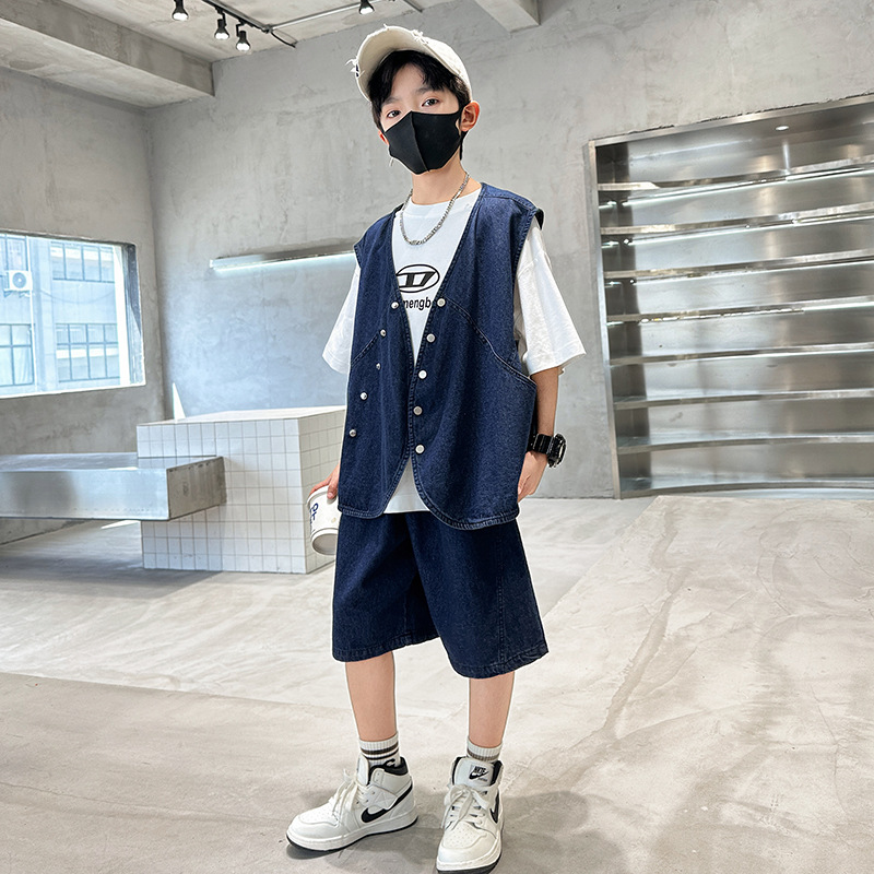 男童夏装马甲背心牛仔套装2025新款大童夏季薄款男孩潮酷儿童短袖