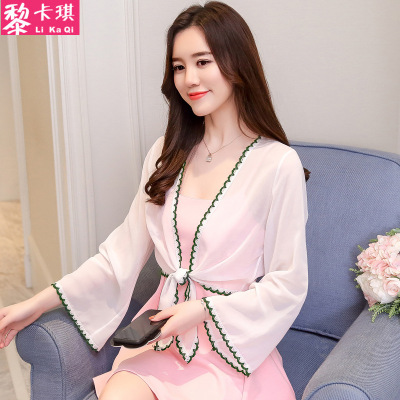 黎卡琪2018夏季新款韩版女装小披肩外套女小坎肩百搭雪纺防晒衣超薄短款外搭开衫