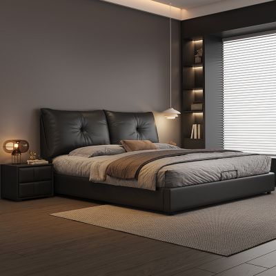 意式轻奢真皮床现代简约主卧室双人床黑色家用储物床软包实木婚床