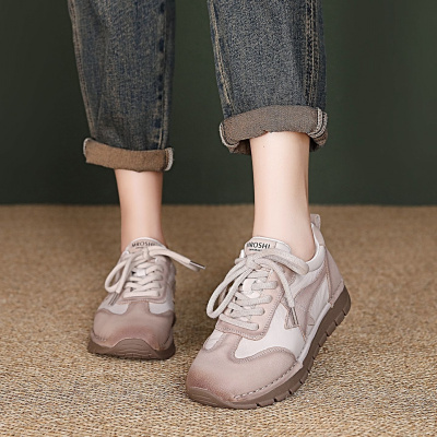 头层牛皮运动休闲鞋女2026春季新款平底复古透气德训鞋单鞋