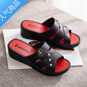 SUNTEK高颜值拖鞋2023新款中年妈妈速干小众松糕厚底坡跟凉拖