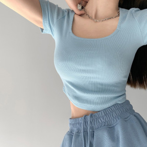 修身纯色大U领打底衫女夏季oversize露脐短袖T恤女韩版上衣女