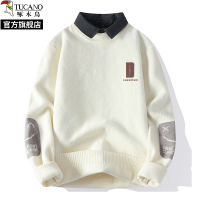 啄木鸟2024冬季新款衬衫领毛衣加绒加厚假两件针织衫男士大尺码卫生衣