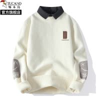 啄木鸟2024冬季新款衬衫领毛衣加绒加厚假两件针织衫男士大尺码卫生衣