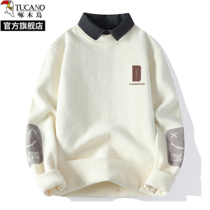 啄木鸟2024冬季新款衬衫领毛衣加绒加厚假两件针织衫男士大尺码卫生衣