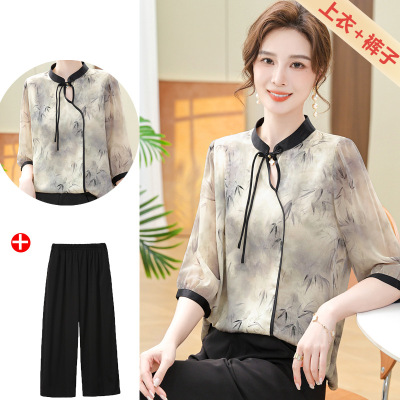妈妈装春夏新款旗袍领雪纺套装上衣中老年洋气七分袖T恤+裤子