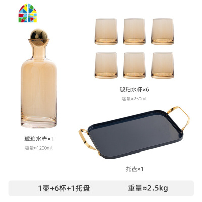 封后丹麦冷水壶家用水具套装创意耐热高温玻璃水壶柠檬果汁壶扎壶水杯 丹麦琥珀水具(1壶6杯+1金色杯架+1深蓝色金属凉水壶