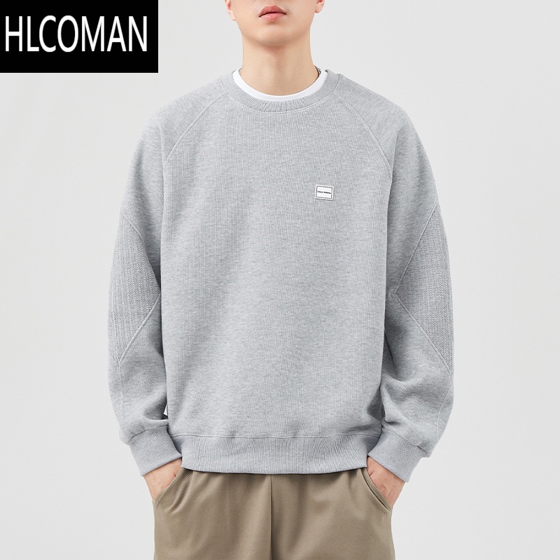 HLCOMAN圆领灰色拼接男士卫衣2024新款套头长袖t恤打底上衣服男生