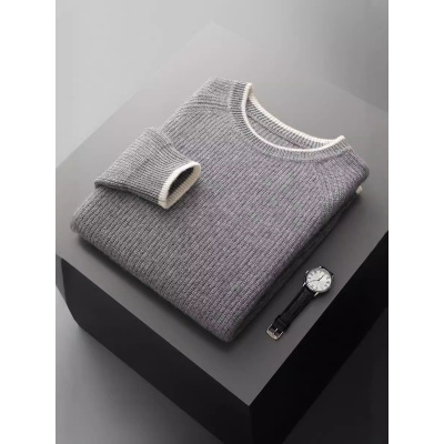 秋冬新款羊毛衫男士圆领青年休闲针织毛衣宽松时尚纯色打底羊毛衫