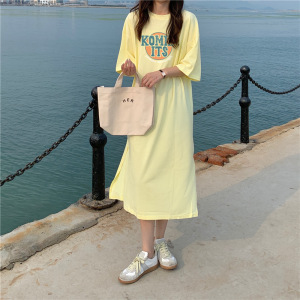 6535棉夏季新款韩版宽松字母印花学生开叉短袖中长款连衣裙女INS
