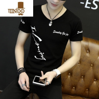 YANXU2023夏季新款短袖t恤V领韩版修身潮流个性长袖男装夏天百搭衣服丅