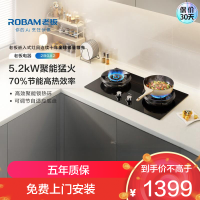 老板(Robam)燃气灶煤气灶家用大火力灶具 双灶台式嵌入式炉具 高热效率 聚能猛火灶2B0A2 天然气 70%热效率