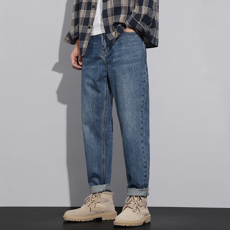 春季经典蓝水洗牛仔裤男宽松直筒赤耳丹宁美式复古卷边休闲长裤