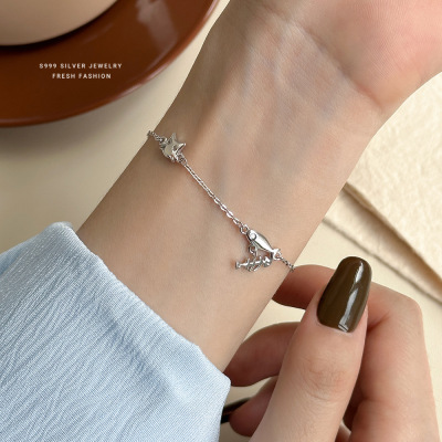 s999纯银可爱猫鱼手链女韩版简约轻奢风百搭鱼骨足银手饰时尚批发送女朋友老婆情人节七夕生日礼物