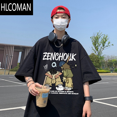 HLCOMAN卡通印花短袖男夏季2025新款美式休闲百搭青少年男生宽松t恤