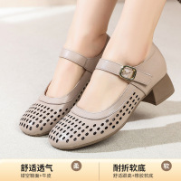 2026夏季真皮软底镂空凉鞋女复古舒适百搭女鞋轻便魔术贴洞洞凉鞋