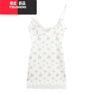 YIBUSHENG法式碎花蕾丝拼接吊带连衣裙女季纯欲裙子收腰露背性感包臀短裙 白色 均码