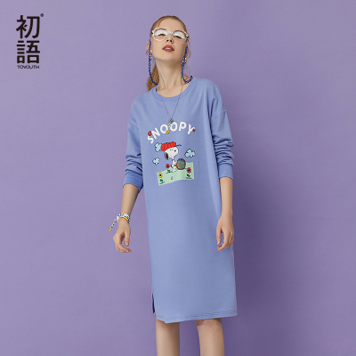 初语连衣裙女2020秋新款史努比印花宽松休闲纯棉中长款套头T恤裙