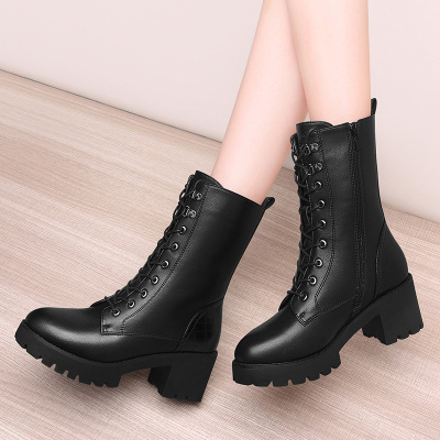 莱卡金顿新款圆头粗跟女靴时尚系带时装靴防水台女鞋子利德尚品7119