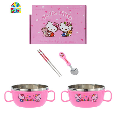 不锈钢碗儿童餐具套装宝宝防摔吃饭碗带盖卡通防烫双耳汤碗礼品碗 FENGHOU 蓝色2碗2勺1杯(送盖子)