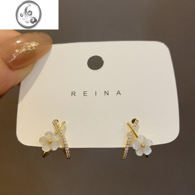 JiMi日韩贝壳花朵耳环2022年新款潮小众设计感高级耳钉女银银网红耳饰