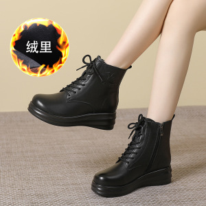 真皮2023秋冬新款加绒纯色厚底高跟系带马丁靴软皮英伦风短靴
