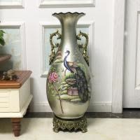 欧式美式陶瓷手绘复古摆件样板间别墅客厅电视柜插花落地大花瓶 三维工匠 A1款银孔雀瓶