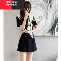 YIBUSHENG2023季新款气质小香风修身显瘦洋气小个子双排扣黑色短袖连衣裙