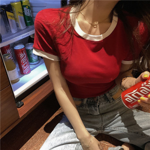 短款休闲打底衫上衣女修身短袖T恤女夏纯色圆领韩国女装