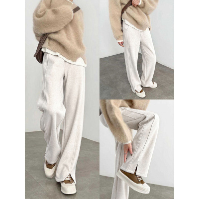 人字纹加绒阔腿裤女冬新款加厚毛呢开叉直筒羊毛窄版香蕉裤子_273