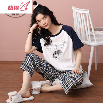 睡衣女夏季薄款可外穿韩版夏天短袖裤棉服两件套装费琳