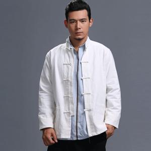 2024新款男装纯色立领长袖麻棉盘扣衬衫宽松款民族风