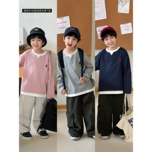 童酷男童秋季新款韩版拼接假两件宝宝上衣时尚刺绣儿童T恤潮