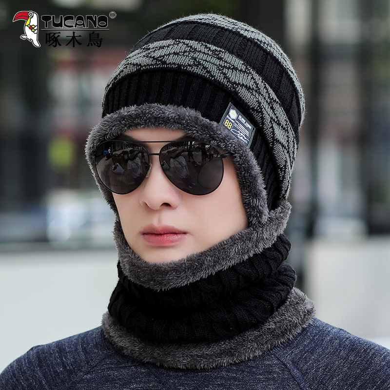 啄木鸟帽子男新款秋冬季加绒加厚毛线帽户外保暖护耳针织围脖套装