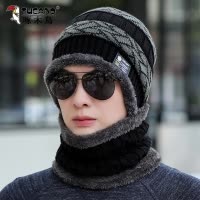 啄木鸟帽子男新款秋冬季加绒加厚毛线帽户外保暖护耳针织围脖套装