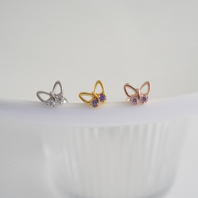 韩国进口耳钉缕空镶钻蝴蝶小巧钛钢粗杆耳骨钉螺丝拧旋转堵送女朋友老婆情人节七夕生日礼物