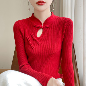 设计感立领盘扣长袖针织衫春秋季国风新中式修身显瘦红色打底上衣
