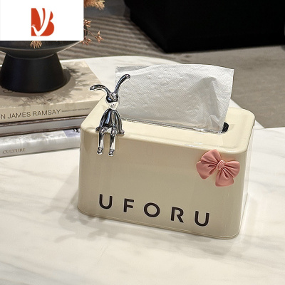 三维工匠抽纸盒家用客厅轻奢创意奶油风茶几收纳盒餐巾纸弹簧纸巾盒子 英文纸巾盒(赠兔子+蝴蝶结)