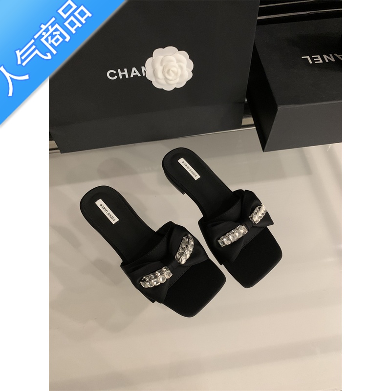 SUNTEK仙女风低跟凉拖外穿女2023夏新款黑色方头水钻蝴蝶结方头粗跟凉鞋