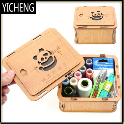 家用缝衣针线盒手缝小型便携针线包工具针线手工实用套装大号YICHENG竹木熊猫款12色线+黑白大卷线