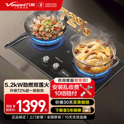 万和[超省星G9D Pro]5.2kW天然气猛火72%一级能效双边定时合金防爆面板家用煤气双炉具双灶台燃气灶
