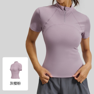 夏季新款户外跑步瑜伽短袖T恤女半拉链显瘦高弹健身服上衣
