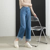 宽松牛仔裤女秋季韩版外翻脚口毛边九分裤直筒裤