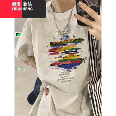 YIBUSHENG潮牌正肩短袖t恤女2024新款设计感小众复古美式宽松半袖上衣