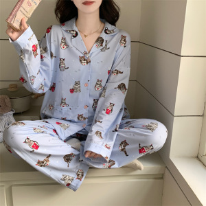 睡衣女士仿棉开衫翻领带固定胸垫长袖长裤家居服套装秋季带胸托